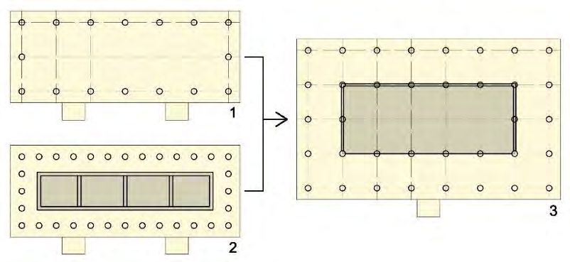 Развитие структуры отдельных сооружений: 1 &ndash; деревянный каркас без ограждающих стен (Эрлитоу); 2 &ndash; система с несущими стенами (Эрлитоу); 3 &ndash; деревянный каркас с внешней